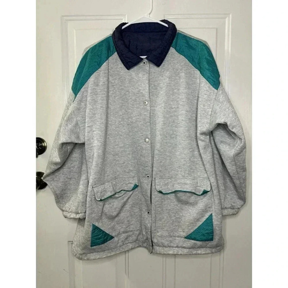 LAURA KATHERINE Vintage 80's Women's REVERSIBLE Windbreaker Jacket Green Gray L - Picture 2 of 12